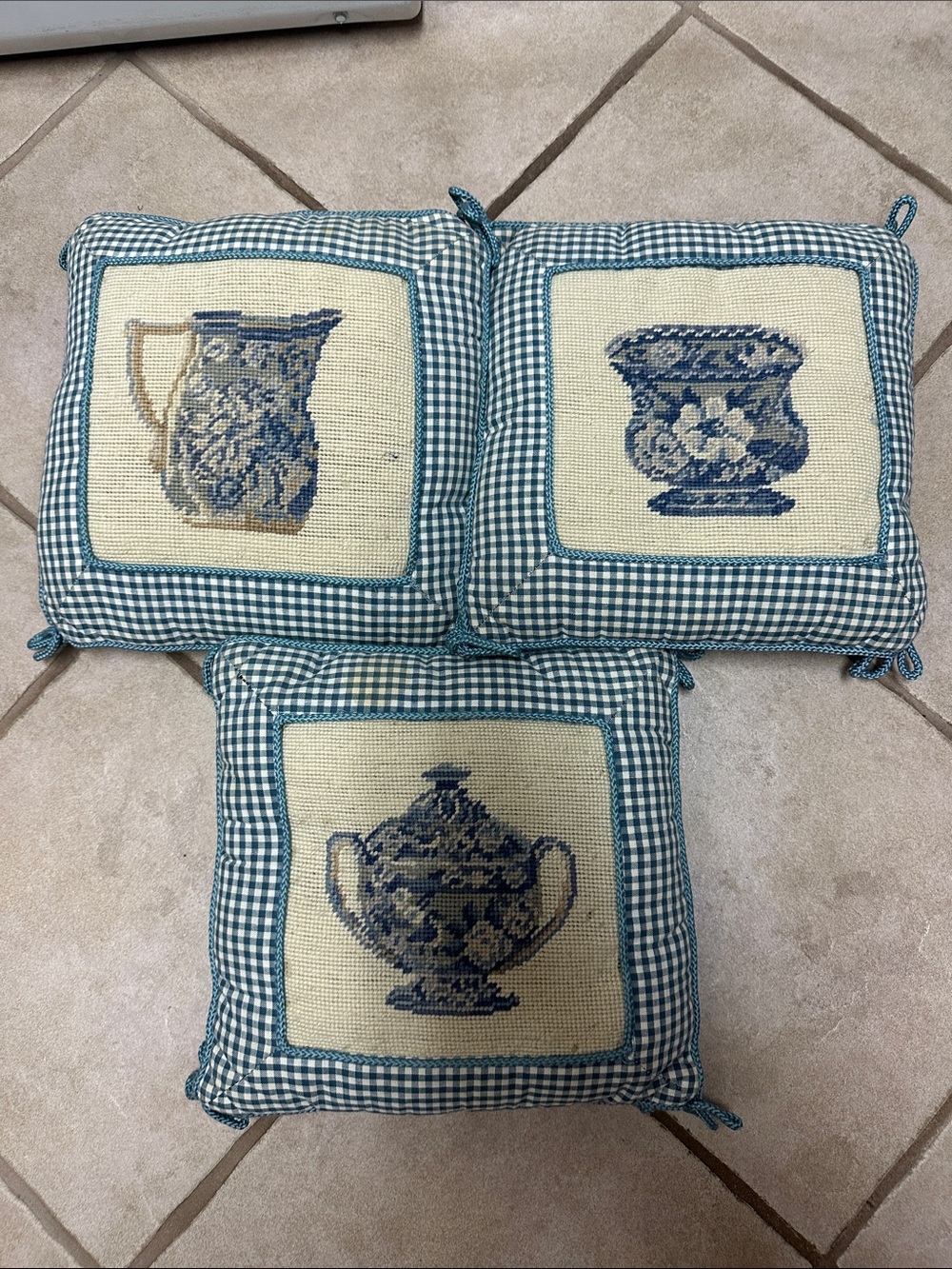 VINTAGE CROSS STITCH kitchen CUSHIONS PILLOWS SET OF 3